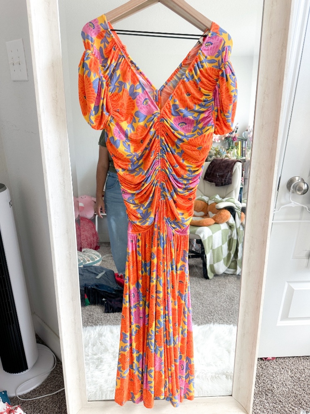 Floral Ruched V-Neck Maxi Dress in Orange and Pink